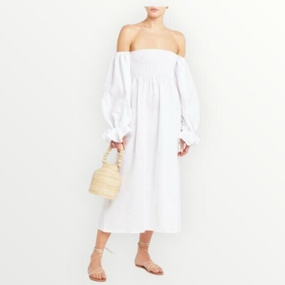 o.p.t. Athena Smocked Off The Shoulder Linen Midi Dress White